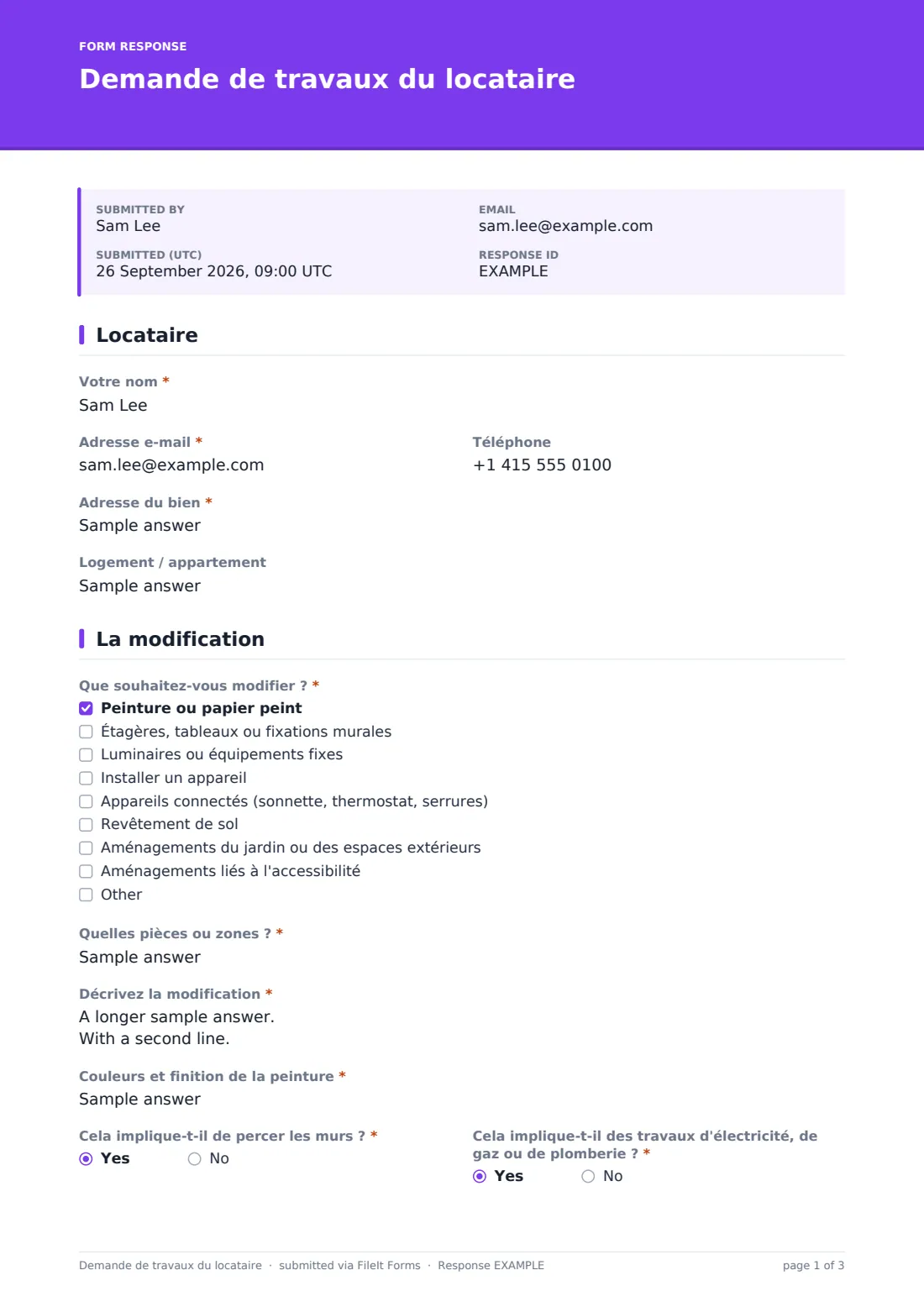 Demande de travaux du locataire — exemple de réponse au format PDF, page 1 sur 3