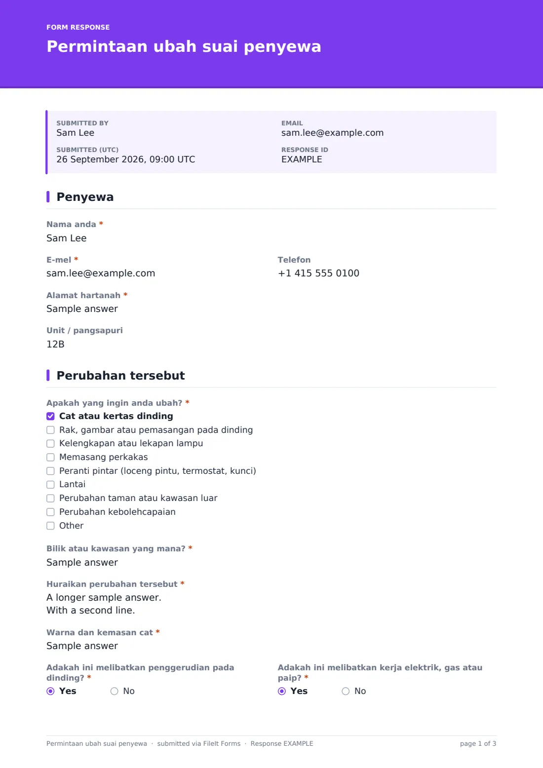 Permintaan ubah suai penyewa — PDF respons contoh, halaman 1 daripada 3