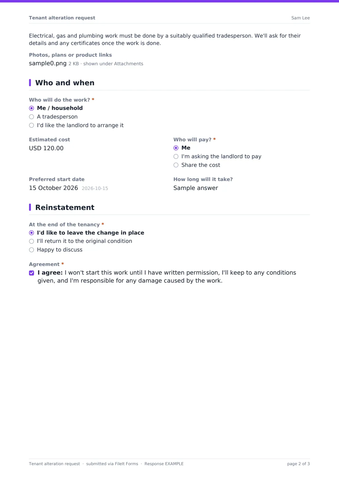 Tenant alteration request — example response PDF, page 2 of 3