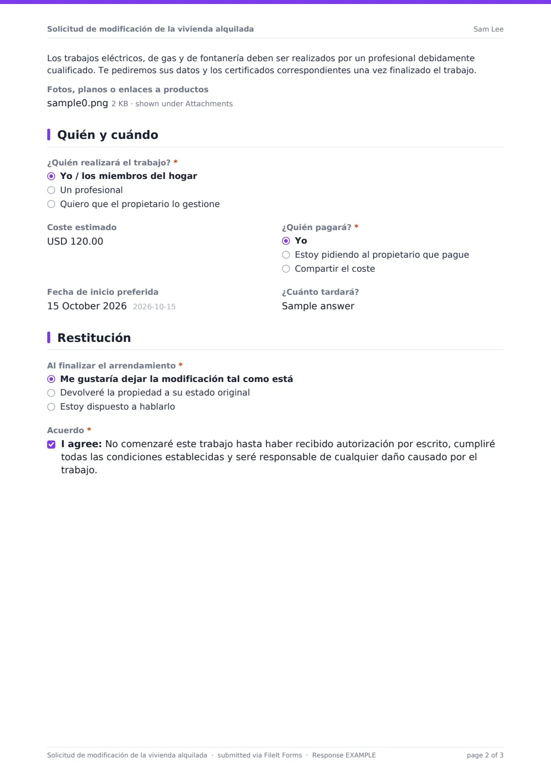 Solicitud de modificación de la vivienda alquilada — PDF de respuesta de ejemplo, página 2 de 3