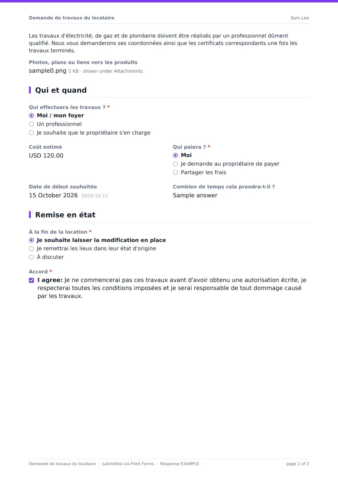 Demande de travaux du locataire — exemple de réponse au format PDF, page 2 sur 3