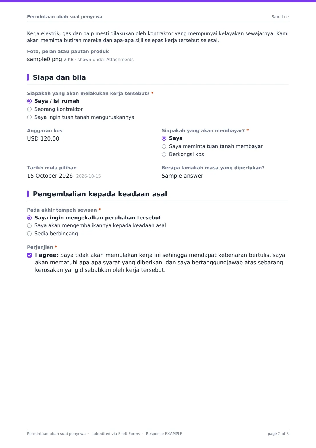 Permintaan ubah suai penyewa — PDF respons contoh, halaman 2 daripada 3