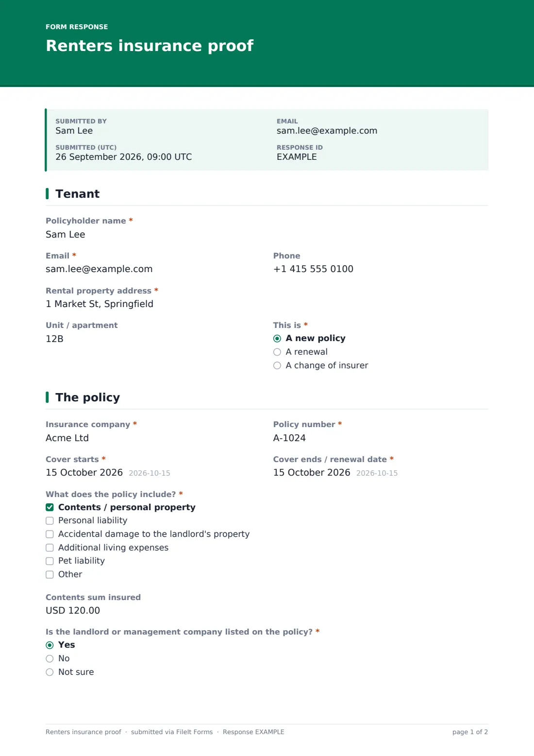 Renters insurance proof — example response PDF, page 1 of 2