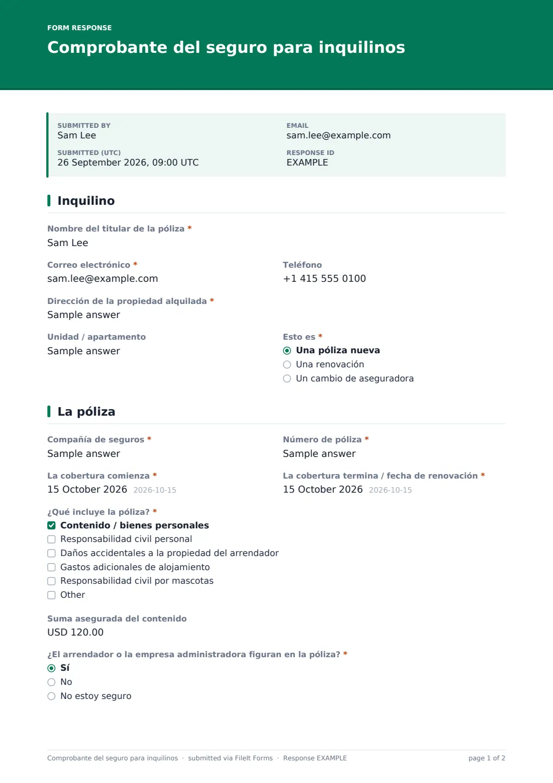 Comprobante del seguro para inquilinos — PDF de respuesta de ejemplo, página 1 de 2