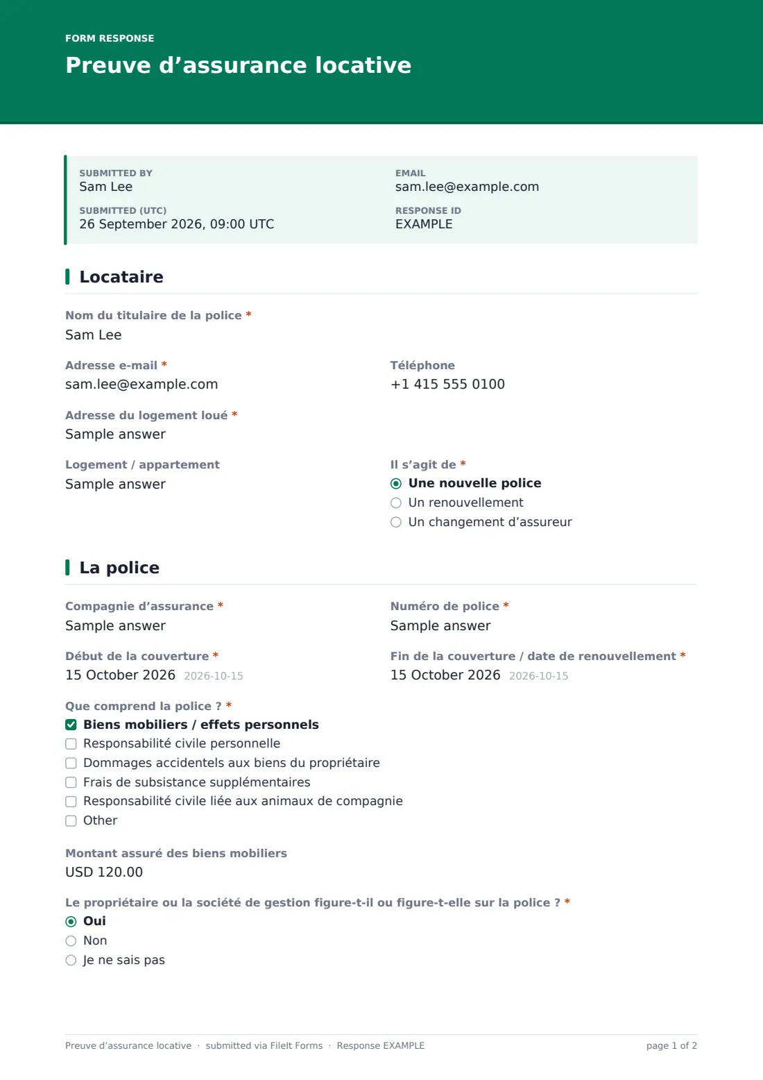 Preuve d’assurance locative — exemple de réponse au format PDF, page 1 sur 2