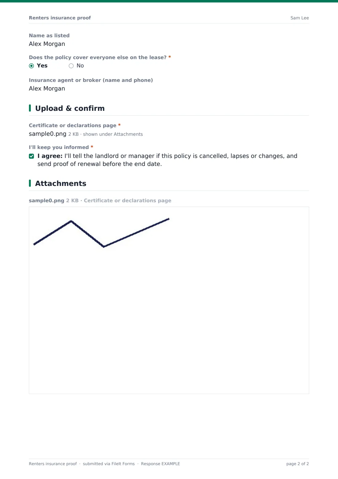 Renters insurance proof — example response PDF, page 2 of 2