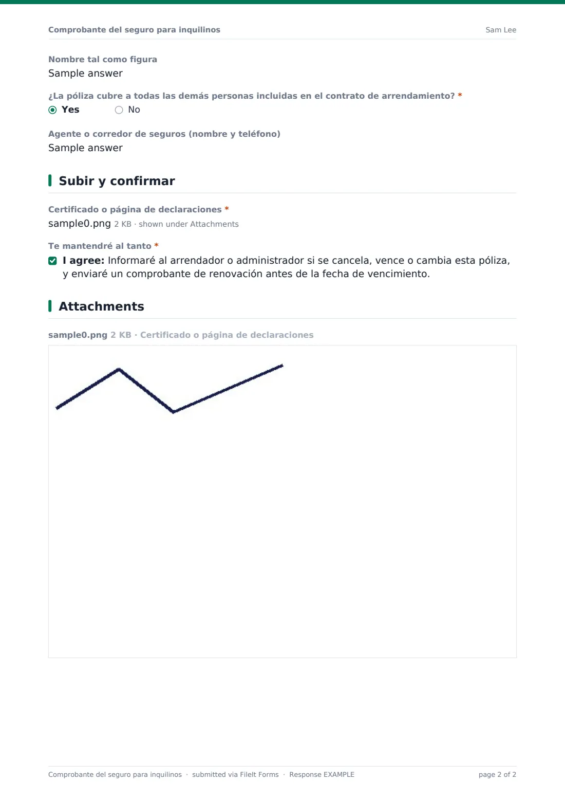 Comprobante del seguro para inquilinos — PDF de respuesta de ejemplo, página 2 de 2