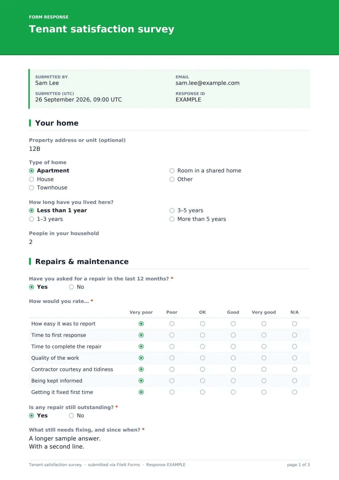 Tenant satisfaction survey — example response PDF, page 1 of 3