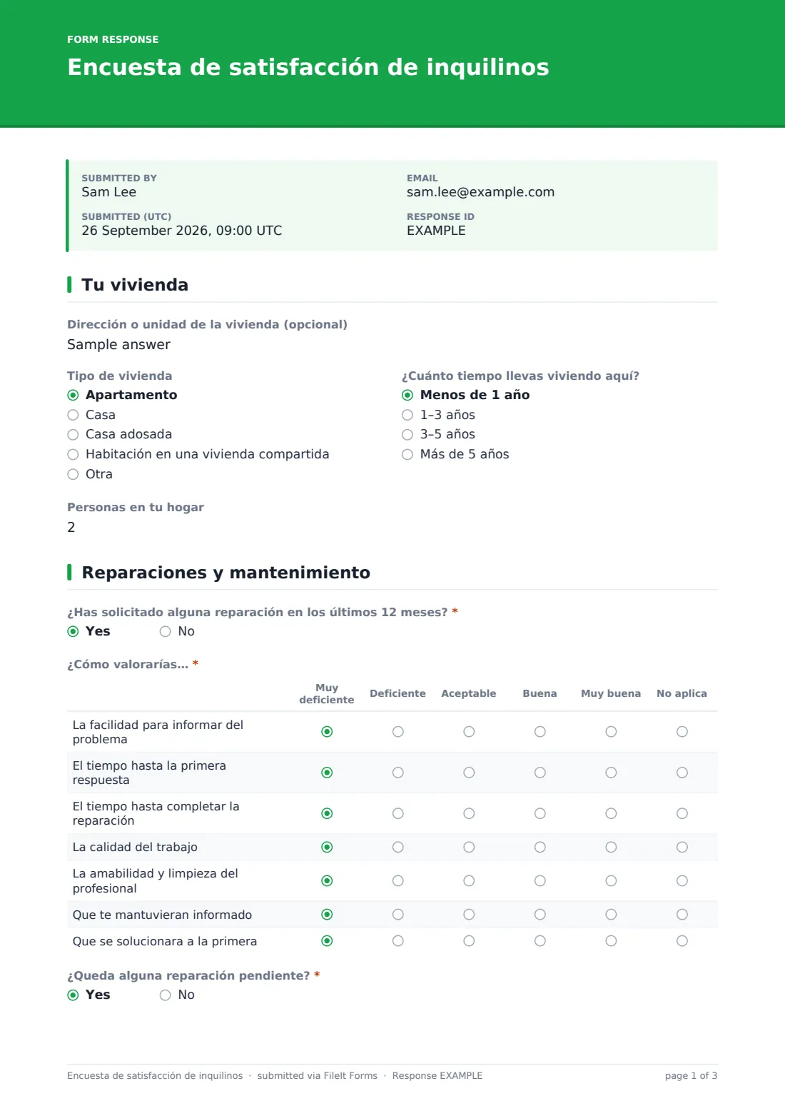 Encuesta de satisfacción de inquilinos — PDF de respuesta de ejemplo, página 1 de 3