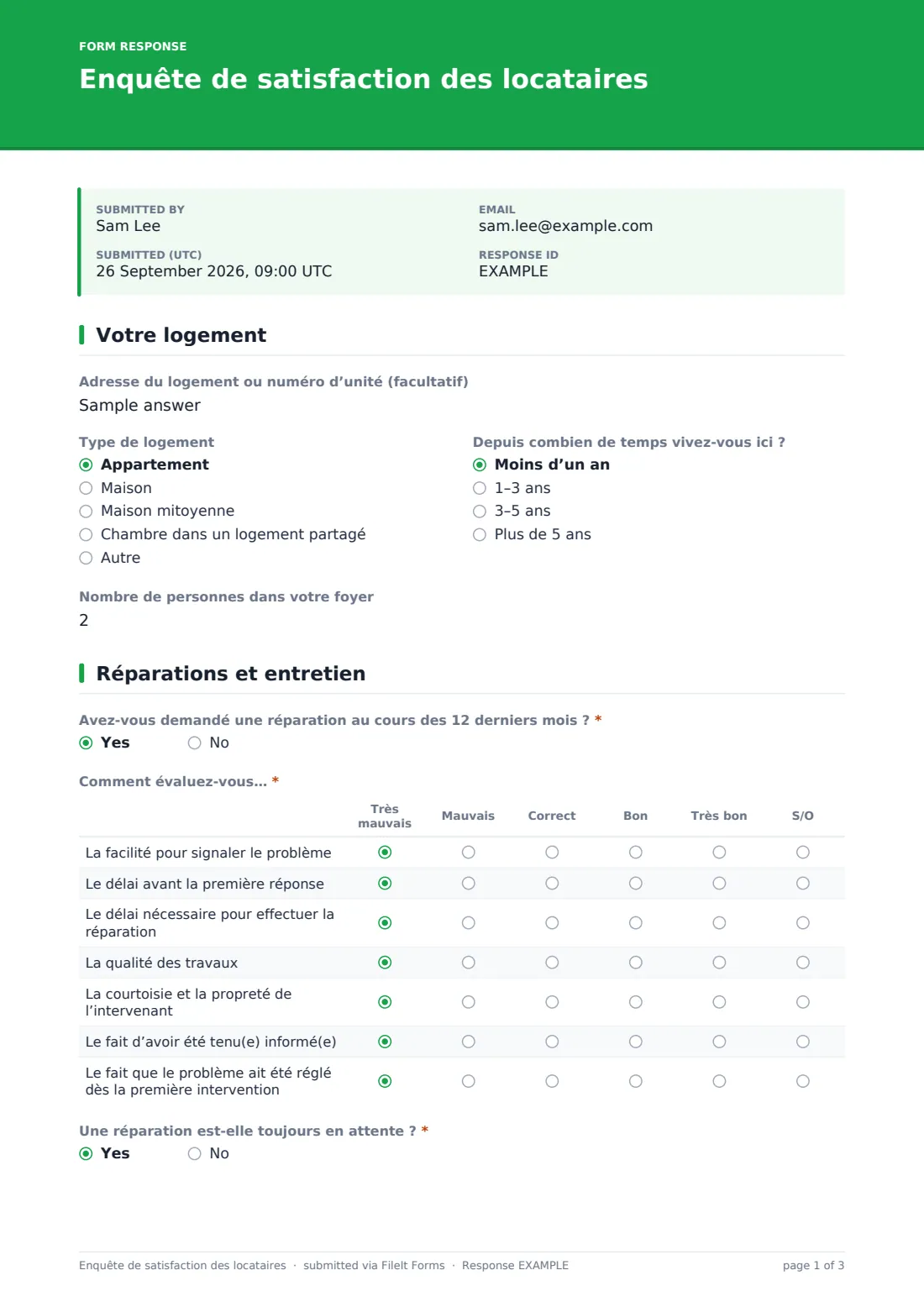 Enquête de satisfaction des locataires — exemple de réponse au format PDF, page 1 sur 3