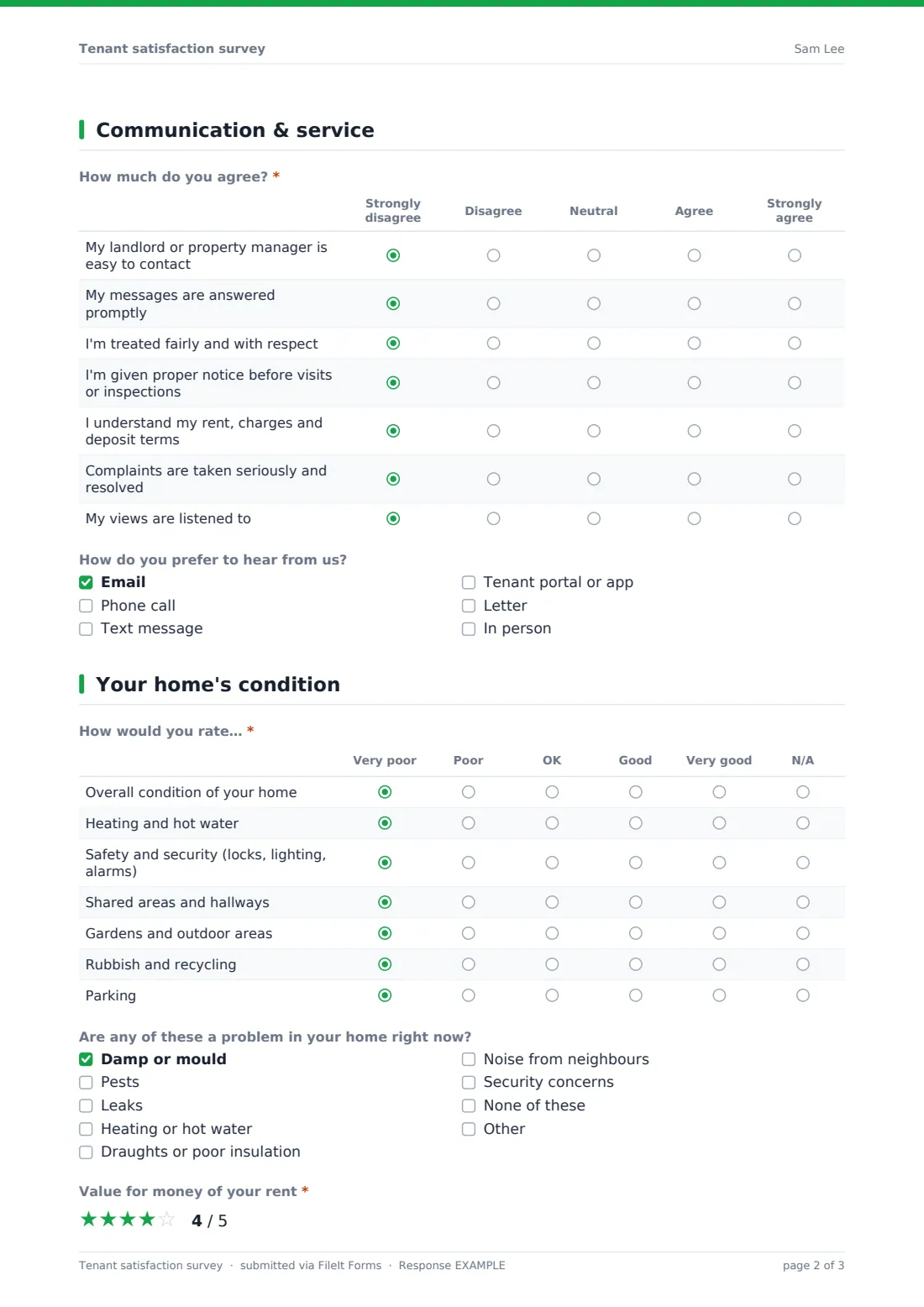 Tenant satisfaction survey — example response PDF, page 2 of 3