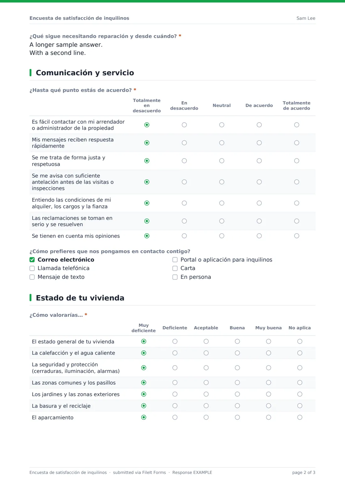 Encuesta de satisfacción de inquilinos — PDF de respuesta de ejemplo, página 2 de 3