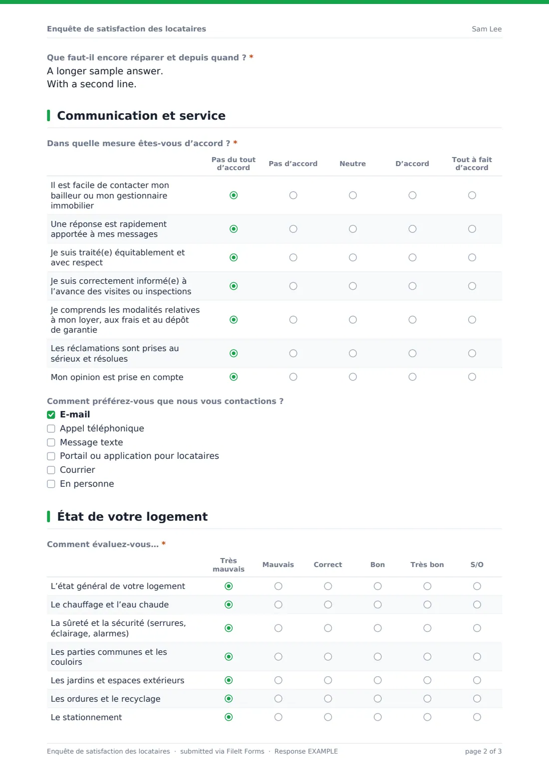 Enquête de satisfaction des locataires — exemple de réponse au format PDF, page 2 sur 3