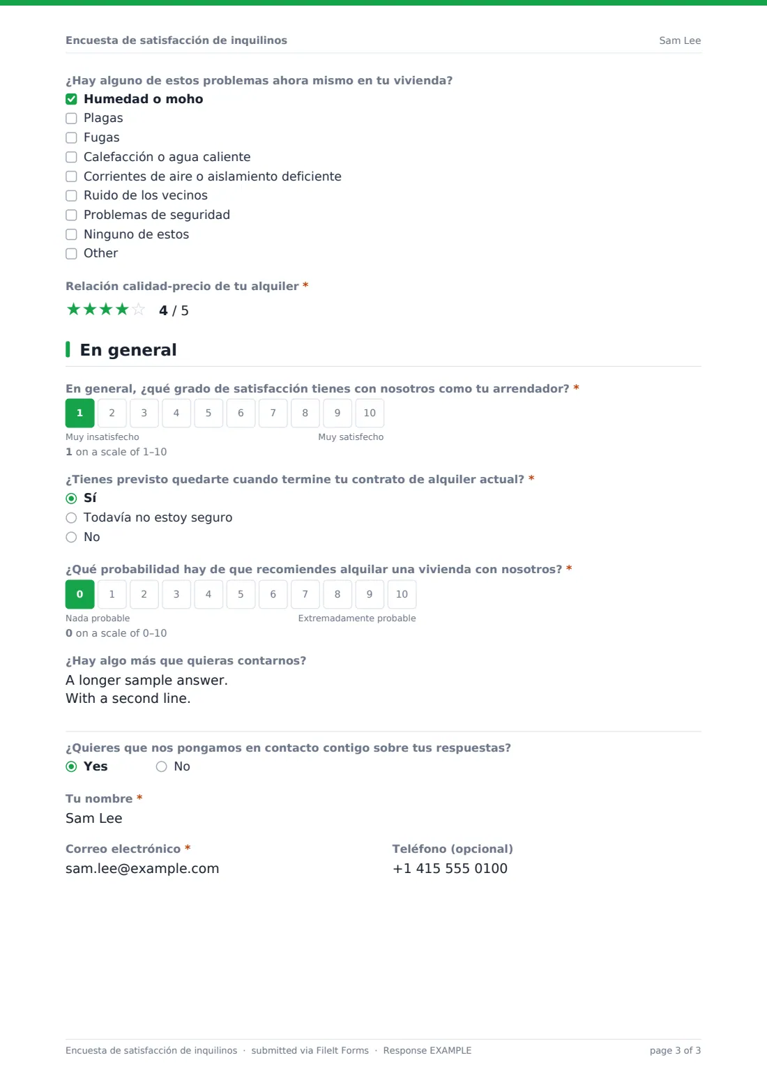 Encuesta de satisfacción de inquilinos — PDF de respuesta de ejemplo, página 3 de 3
