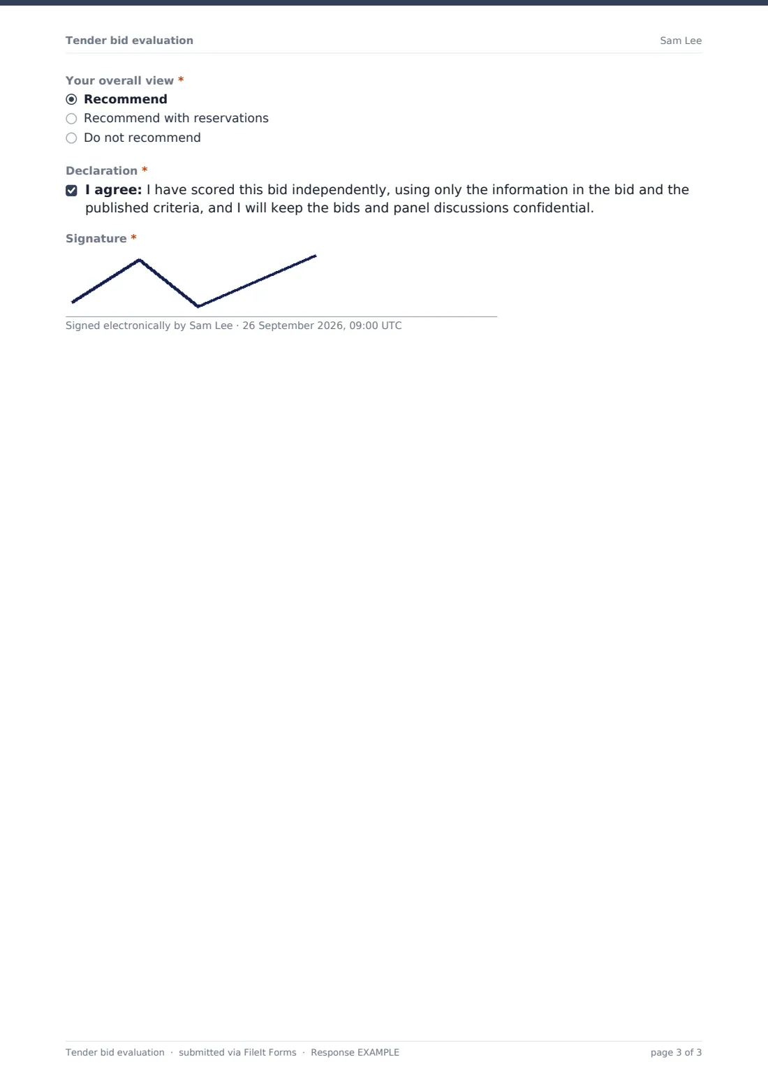 Tender bid evaluation — example response PDF, page 3 of 3