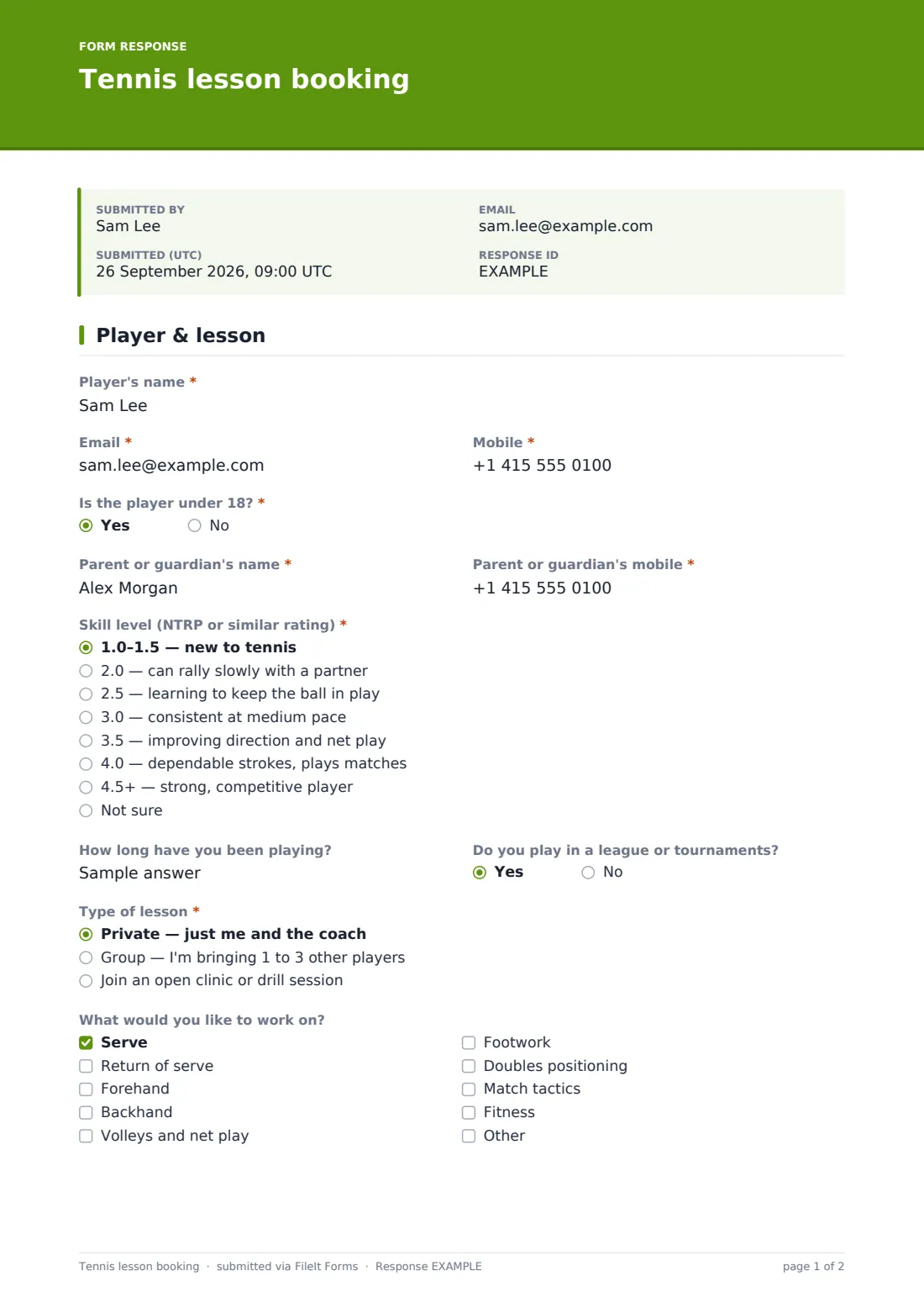Tennis lesson booking — example response PDF, page 1 of 2