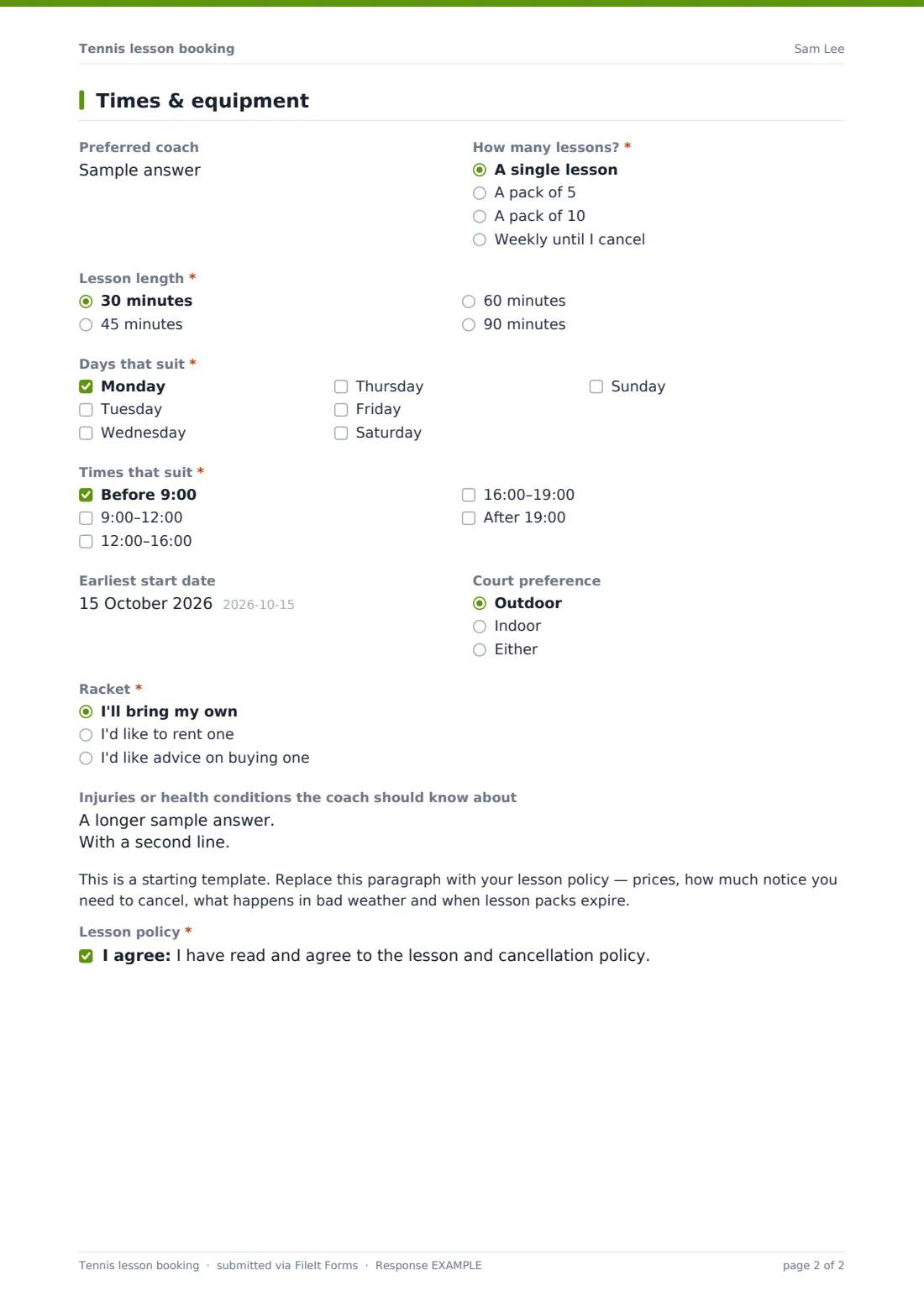 Tennis lesson booking — example response PDF, page 2 of 2