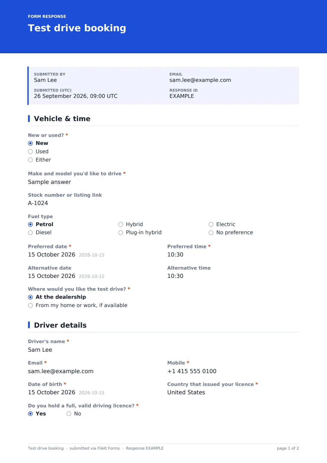 Test drive booking — example response PDF, page 1 of 2