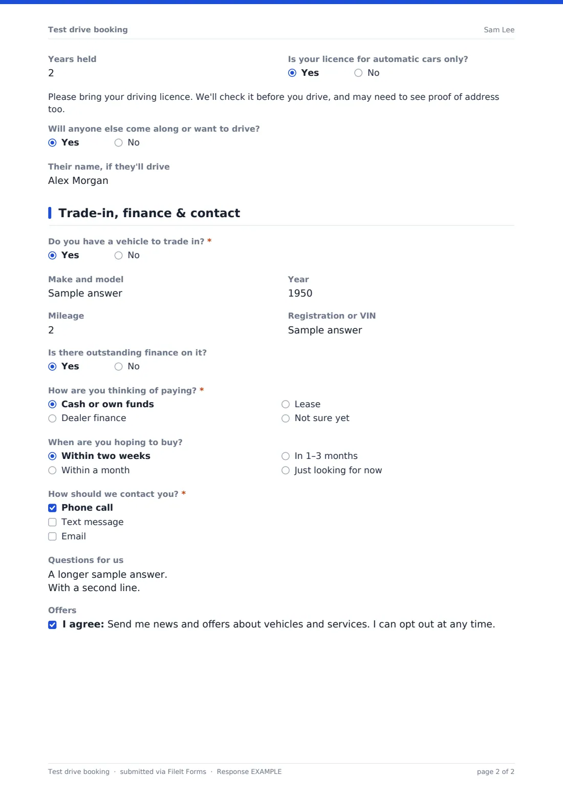 Test drive booking — example response PDF, page 2 of 2