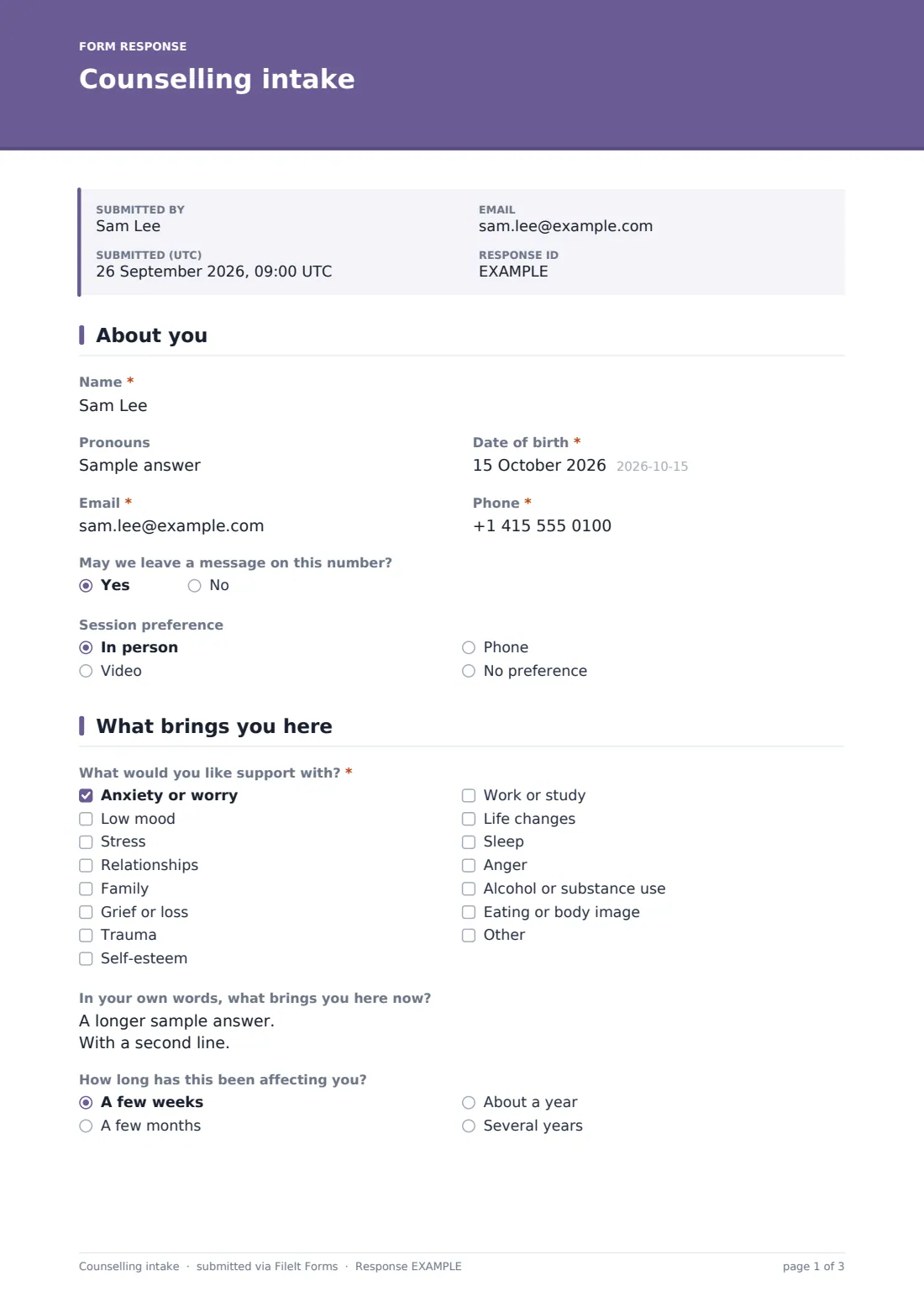 Counselling intake — example response PDF, page 1 of 3