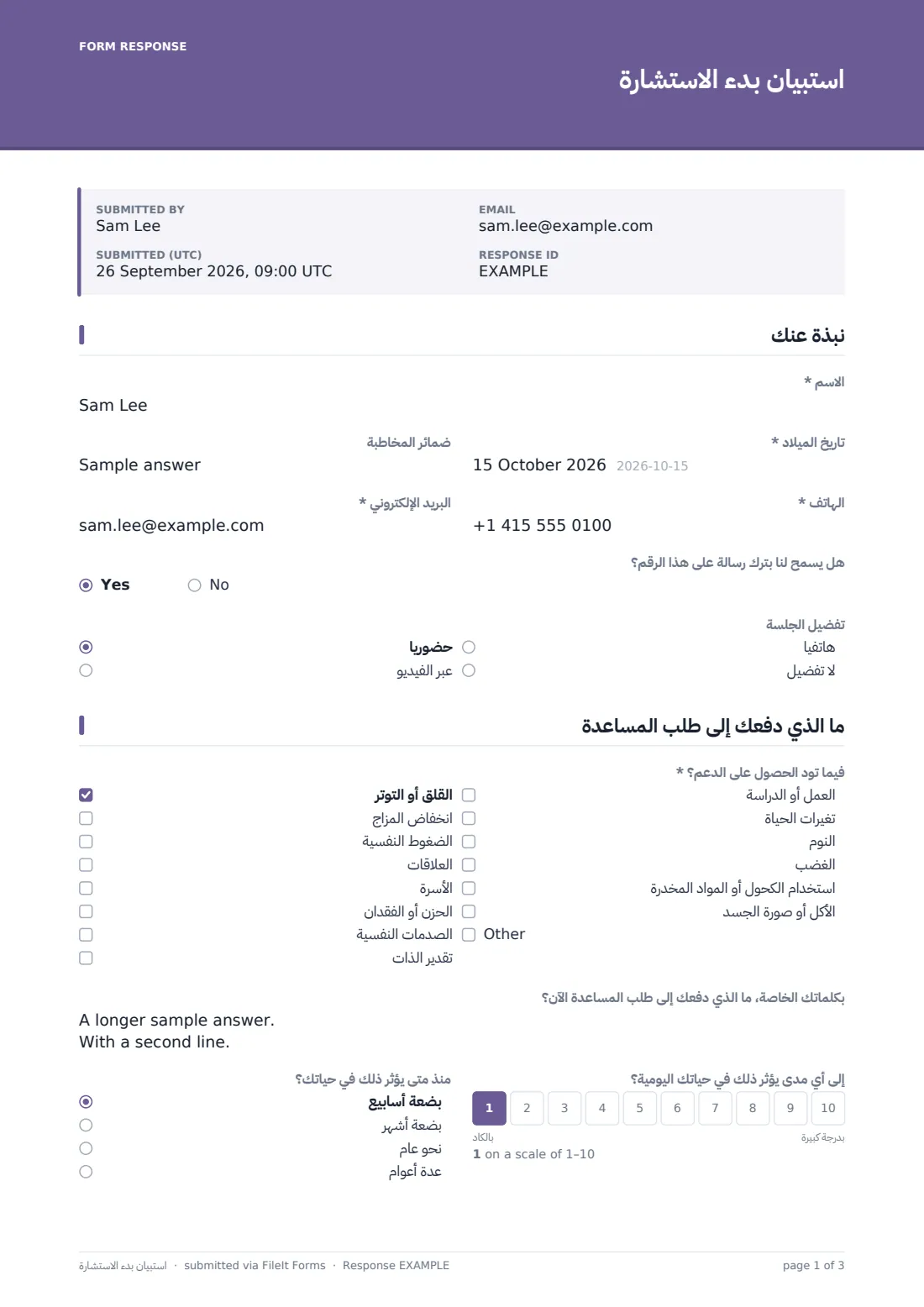 استبيان بدء الاستشارة — ملف PDF لرد نموذجي، الصفحة 1 من 3