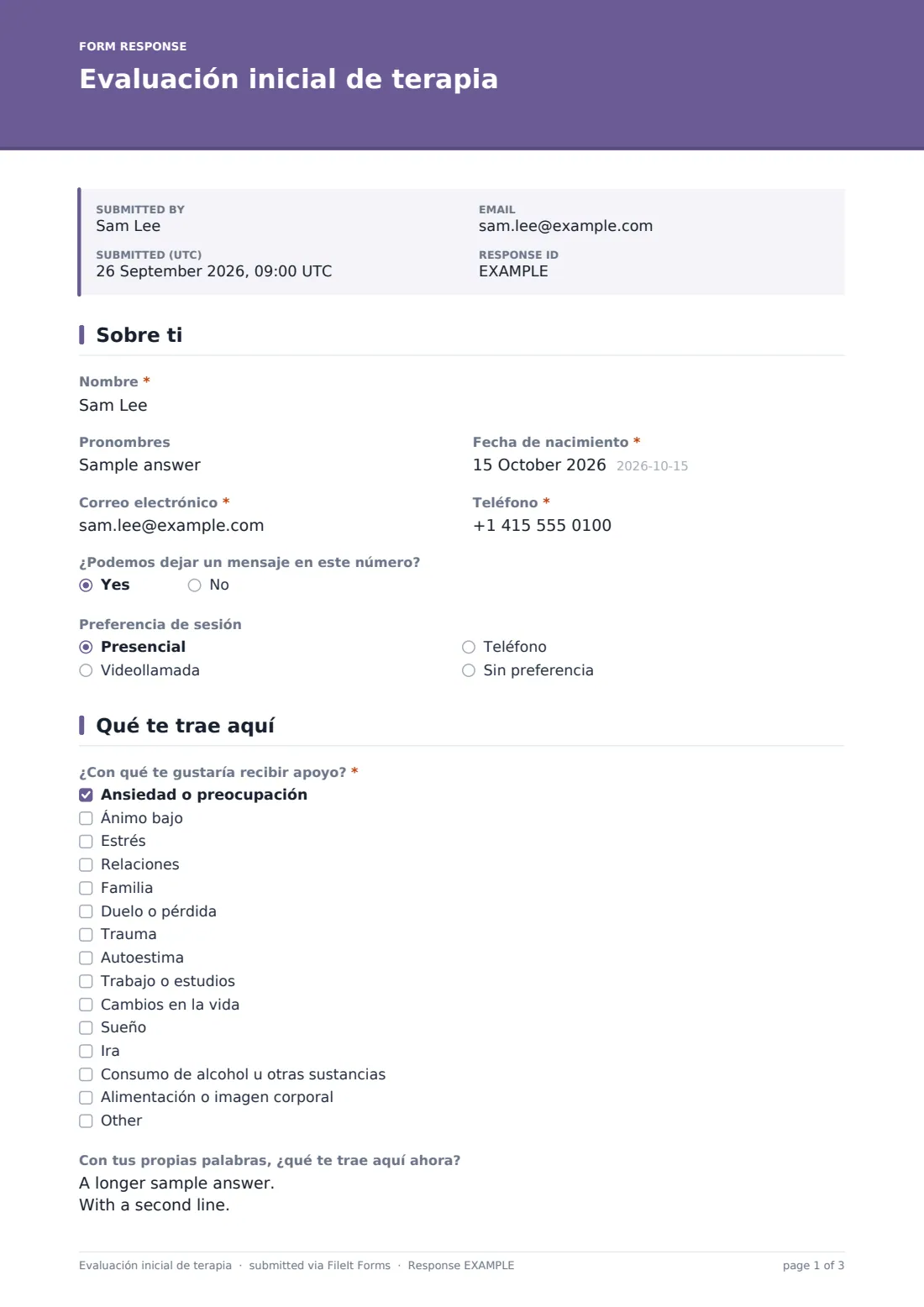 Evaluación inicial de terapia — PDF de respuesta de ejemplo, página 1 de 3