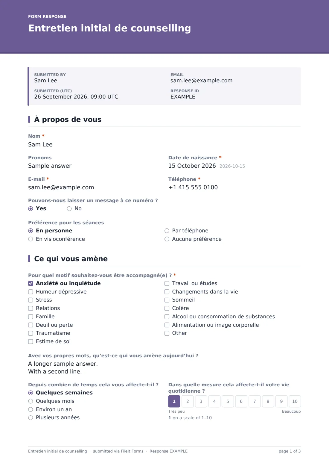 Entretien initial de counselling — exemple de réponse au format PDF, page 1 sur 3
