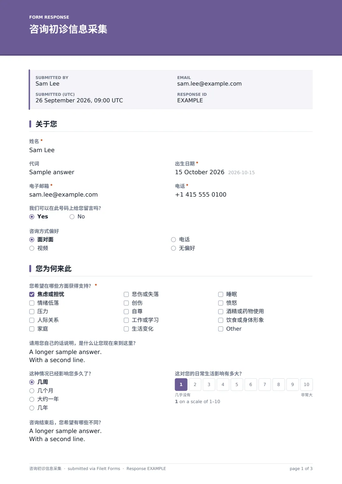 咨询初诊信息采集 — 示例回复 PDF，第 1 页，共 3 页