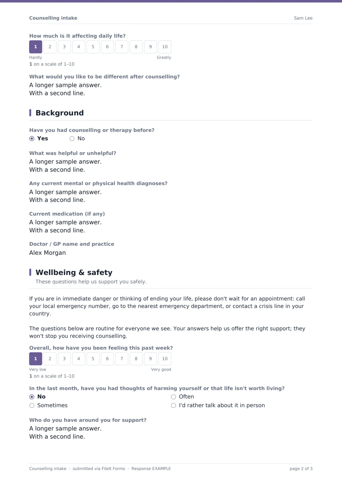 Counselling intake — example response PDF, page 2 of 3