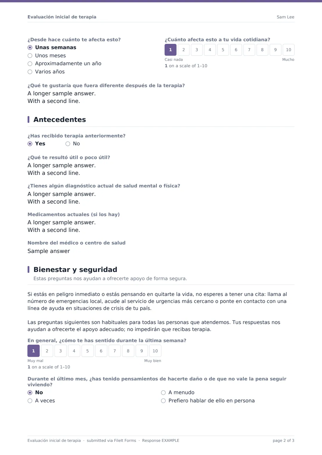 Evaluación inicial de terapia — PDF de respuesta de ejemplo, página 2 de 3