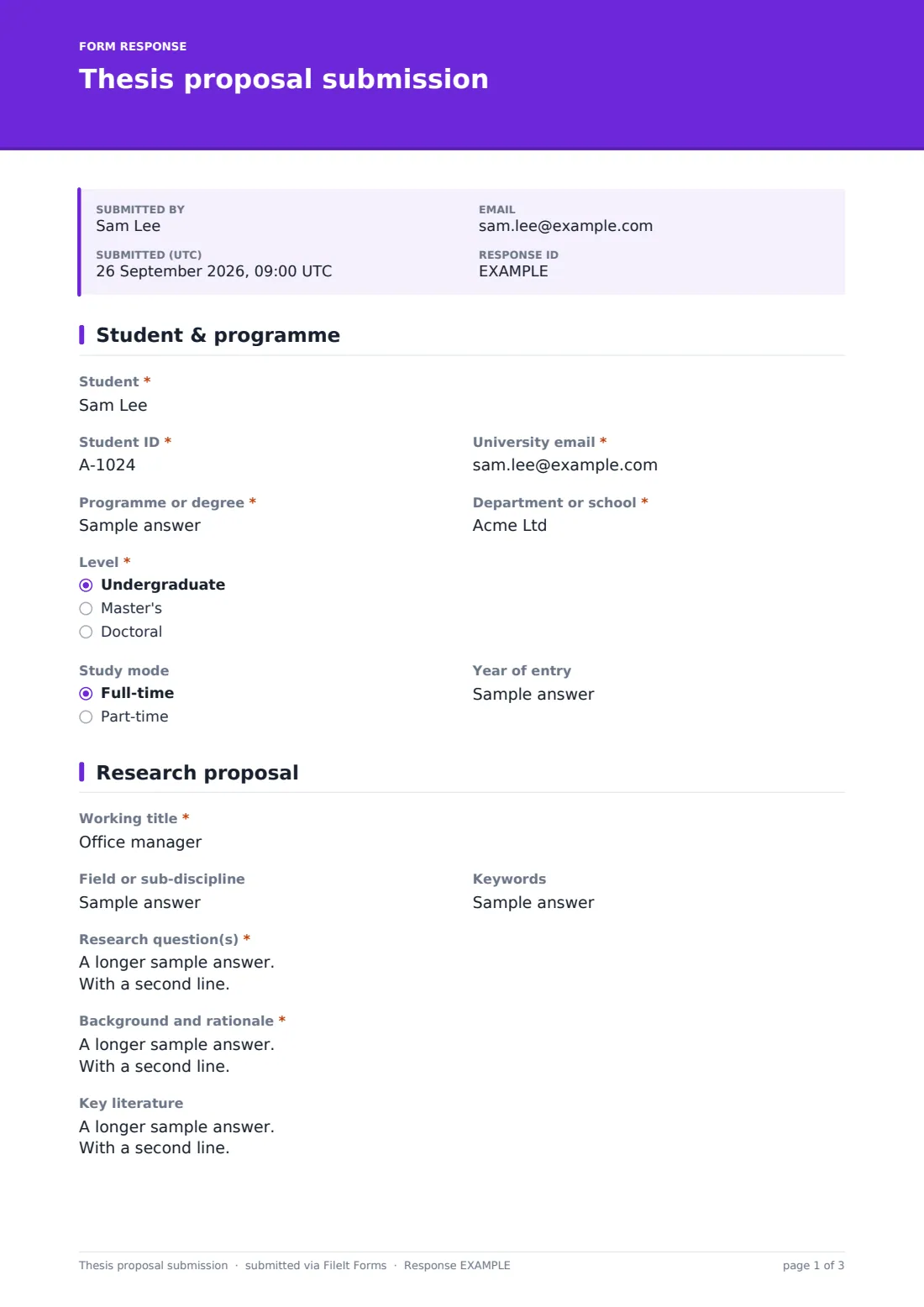 Thesis proposal submission — example response PDF, page 1 of 3