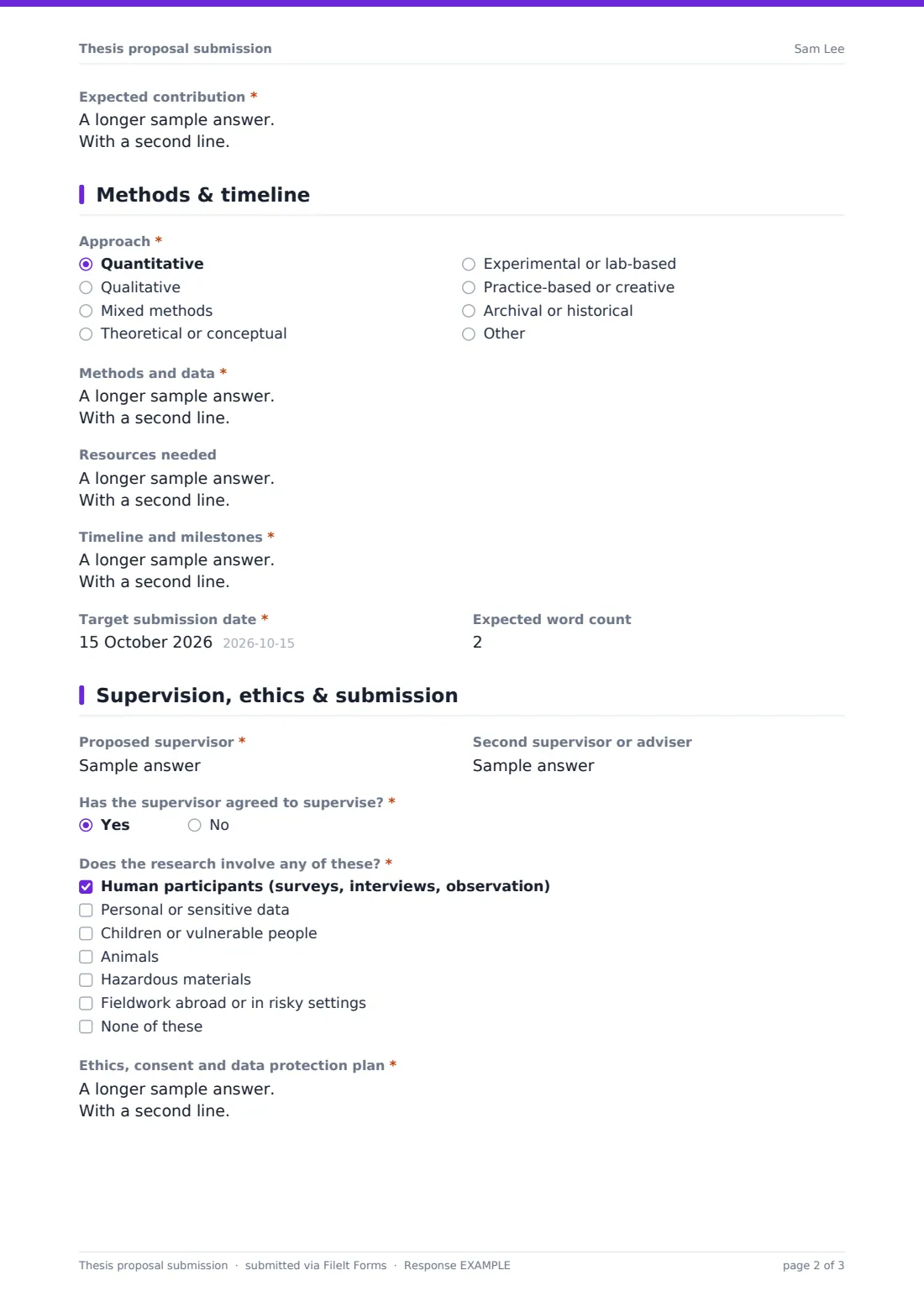 Thesis proposal submission — example response PDF, page 2 of 3