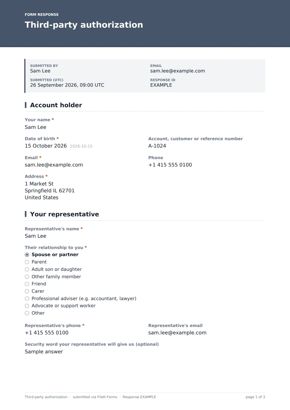 Third-party authorization — example response PDF, page 1 of 3