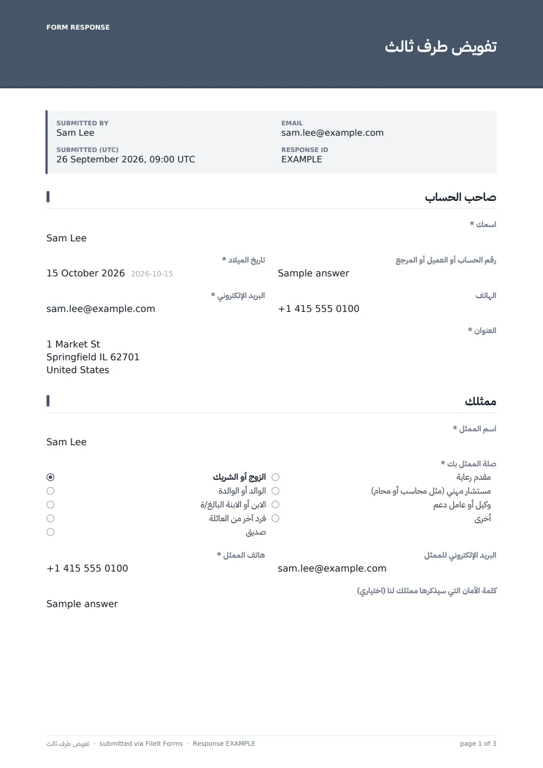 تفويض طرف ثالث — ملف PDF لرد نموذجي، الصفحة 1 من 3