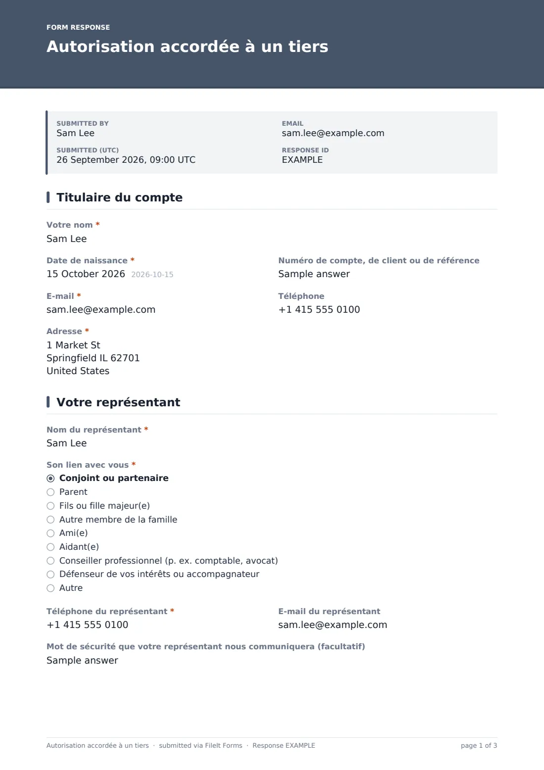 Autorisation accordée à un tiers — exemple de réponse au format PDF, page 1 sur 3