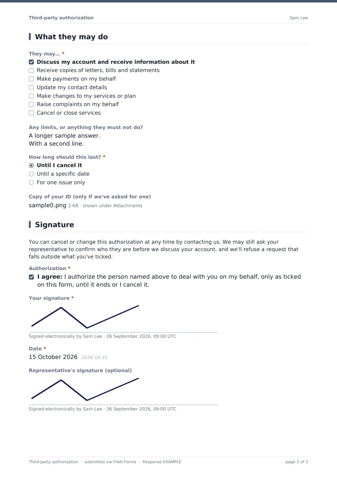 Third-party authorization — example response PDF, page 2 of 3