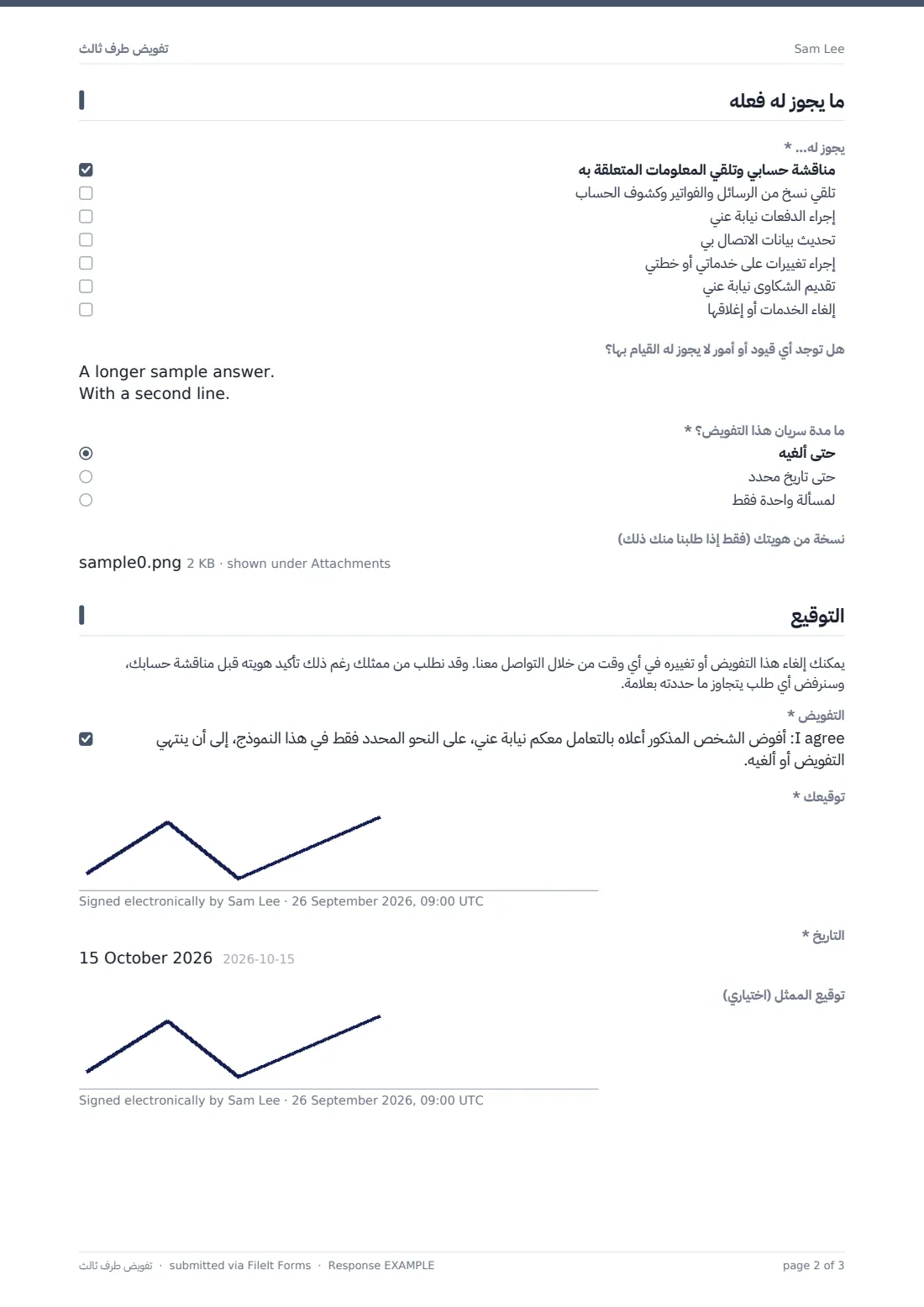 تفويض طرف ثالث — ملف PDF لرد نموذجي، الصفحة 2 من 3