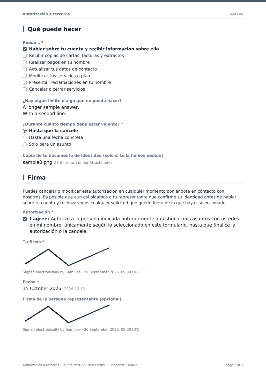 Autorización a terceros — PDF de respuesta de ejemplo, página 2 de 3
