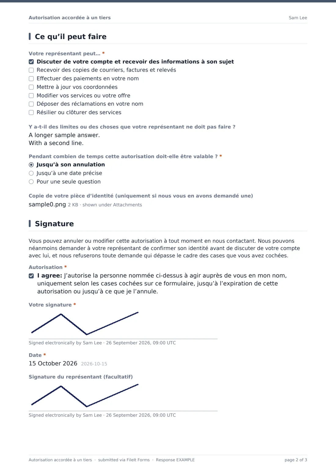 Autorisation accordée à un tiers — exemple de réponse au format PDF, page 2 sur 3