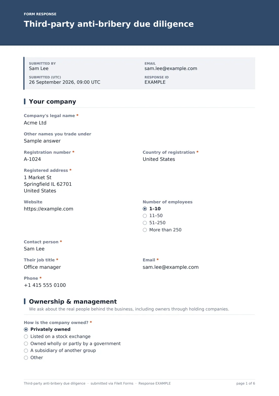 Third-party anti-bribery due diligence — example response PDF, page 1 of 6