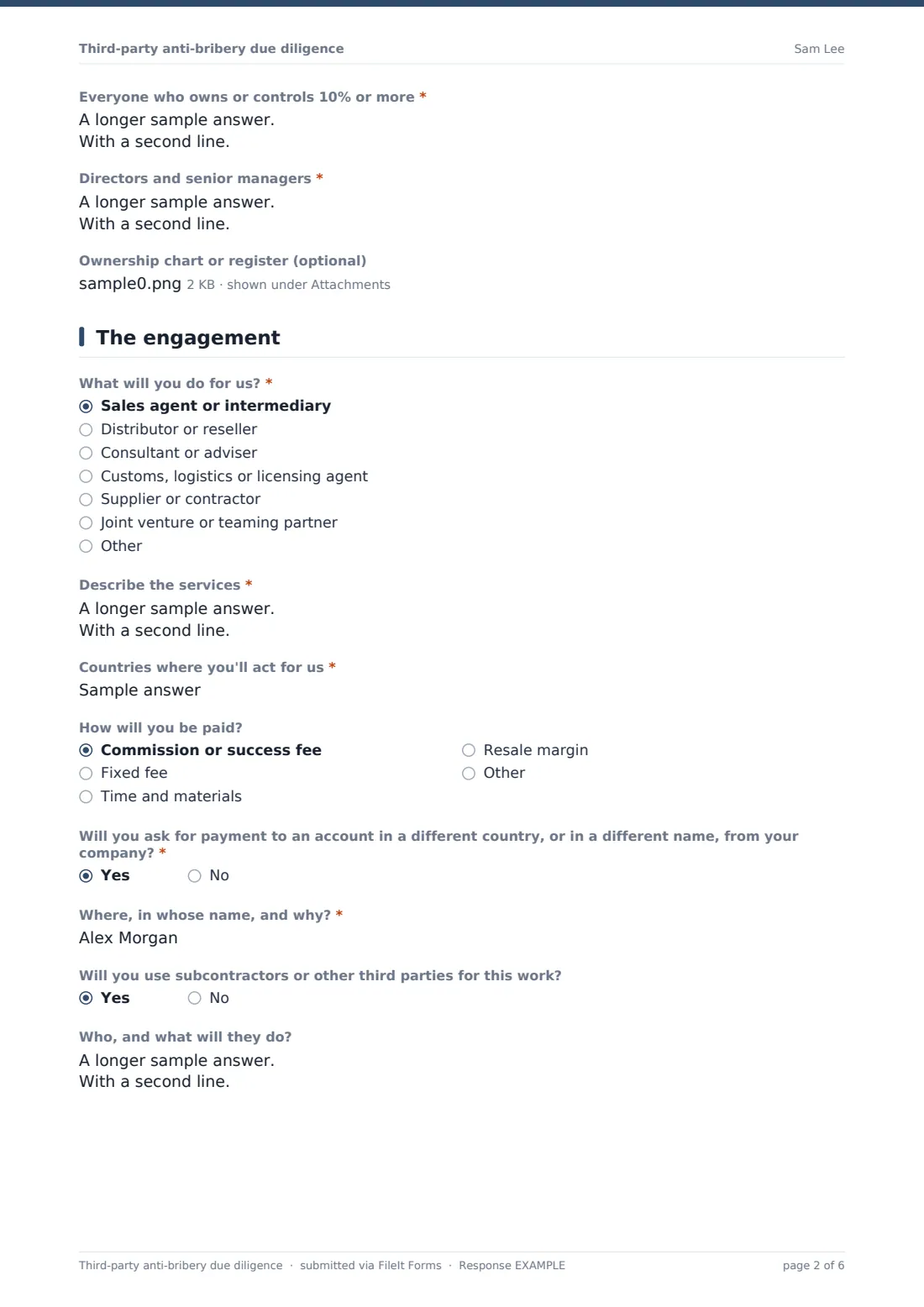 Third-party anti-bribery due diligence — example response PDF, page 2 of 6