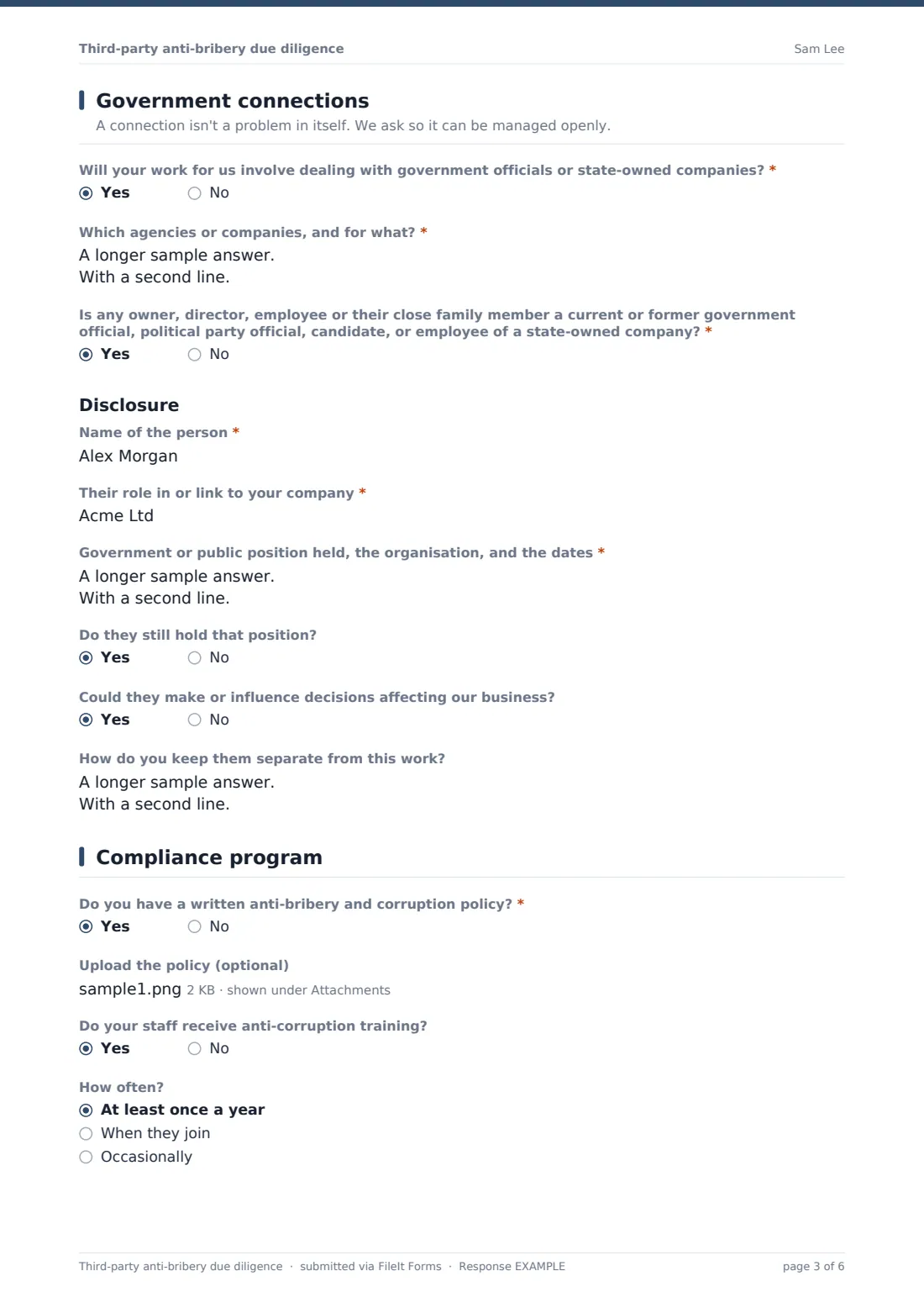 Third-party anti-bribery due diligence — example response PDF, page 3 of 6