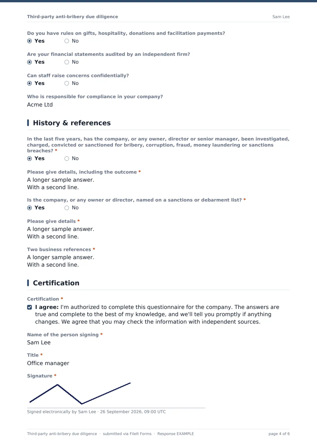 Third-party anti-bribery due diligence — example response PDF, page 4 of 6