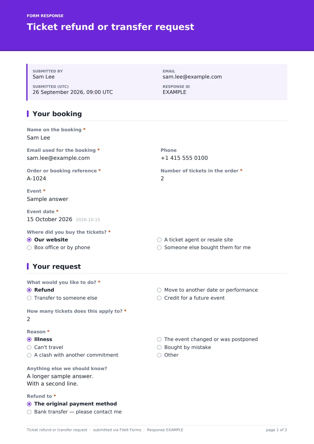 Ticket refund or transfer request — example response PDF, page 1 of 2