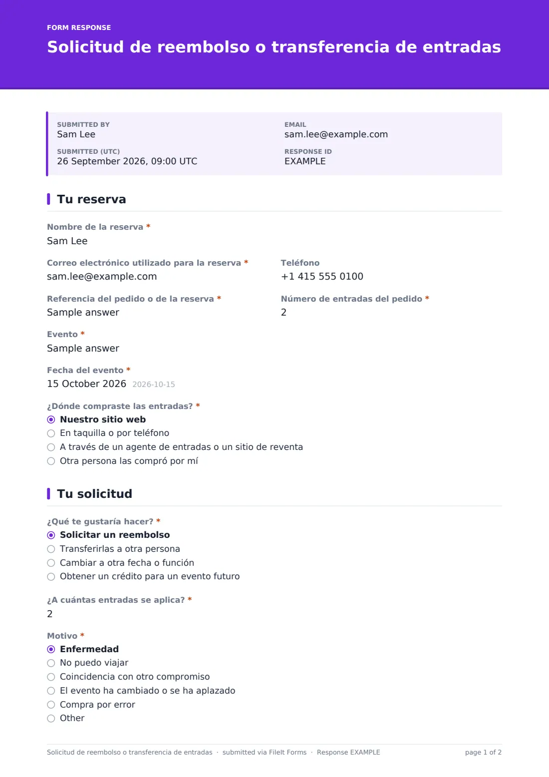 Solicitud de reembolso o transferencia de entradas — PDF de respuesta de ejemplo, página 1 de 2