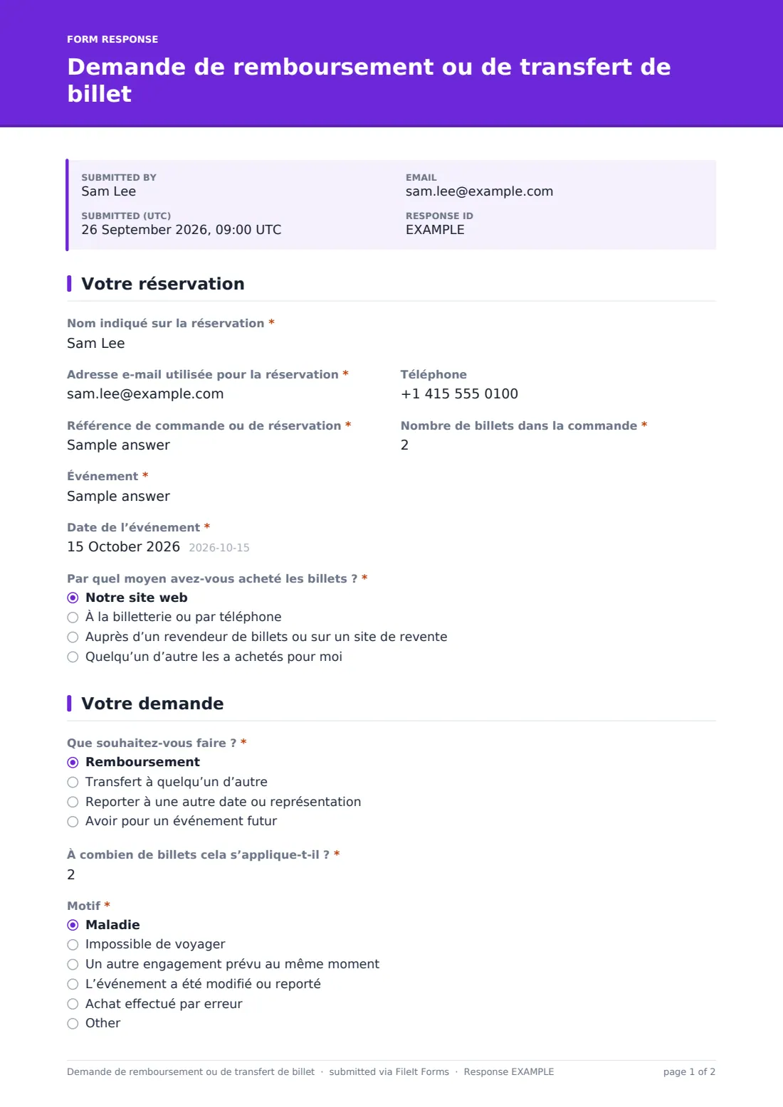Demande de remboursement ou de transfert de billet — exemple de réponse au format PDF, page 1 sur 2