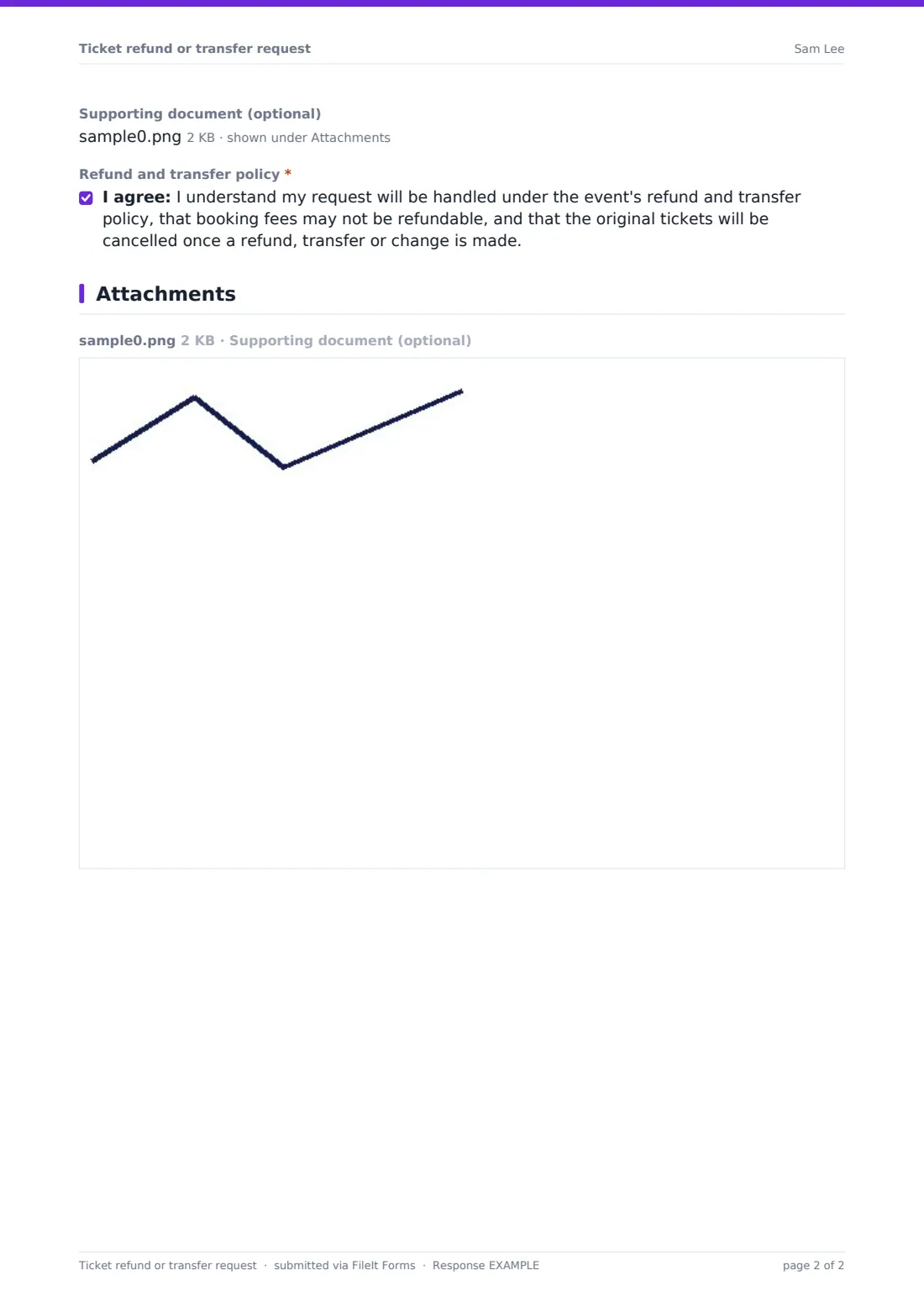 Ticket refund or transfer request — example response PDF, page 2 of 2