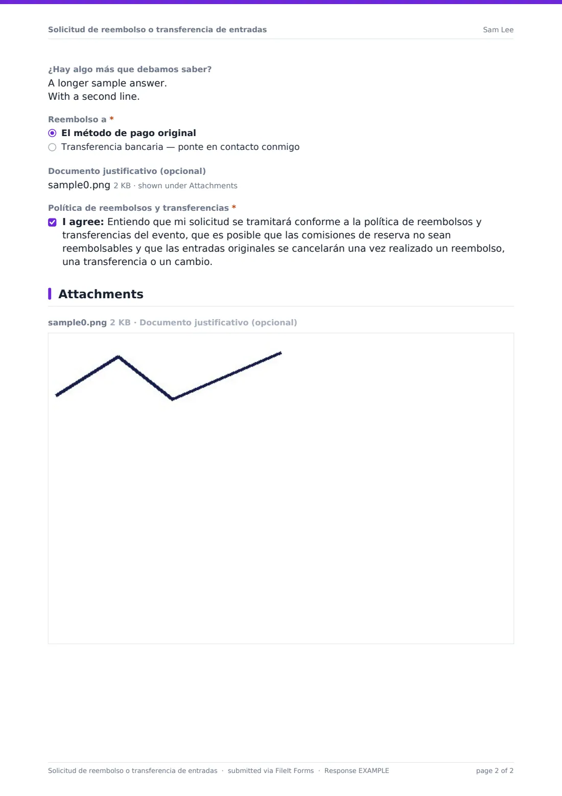 Solicitud de reembolso o transferencia de entradas — PDF de respuesta de ejemplo, página 2 de 2