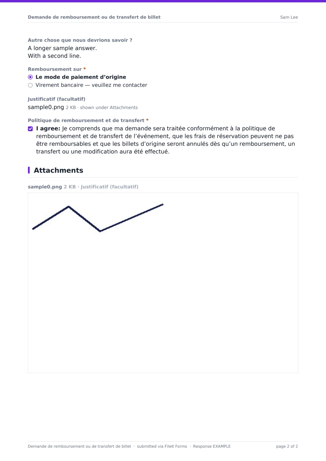 Demande de remboursement ou de transfert de billet — exemple de réponse au format PDF, page 2 sur 2