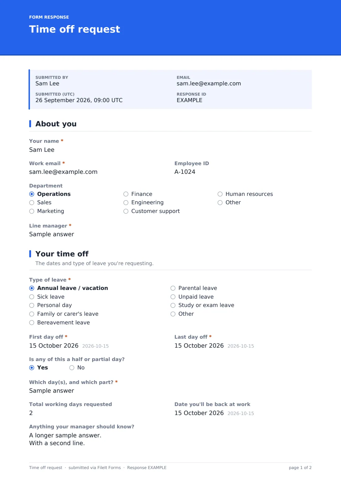 Time off request — example response PDF, page 1 of 2